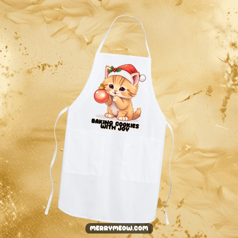 Funny apron showing a fluffy kitten in a Santa hat playing with a twinkling Christmas ornament, perfect for holiday baking.