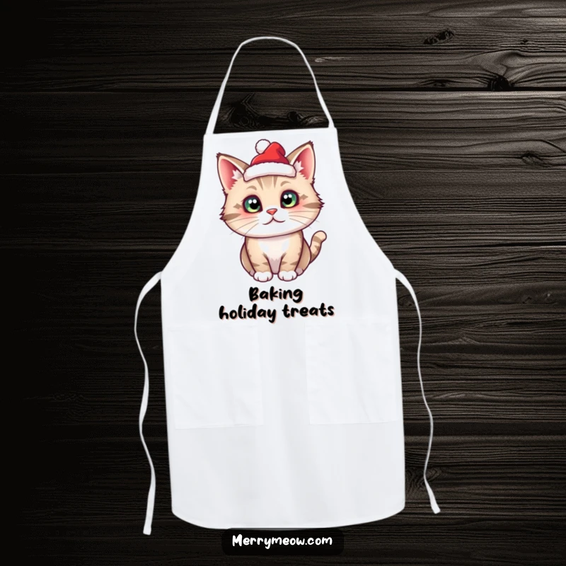 Funny cat wearing a tiny Santa hat, humorously printed on a functional and festive apron.