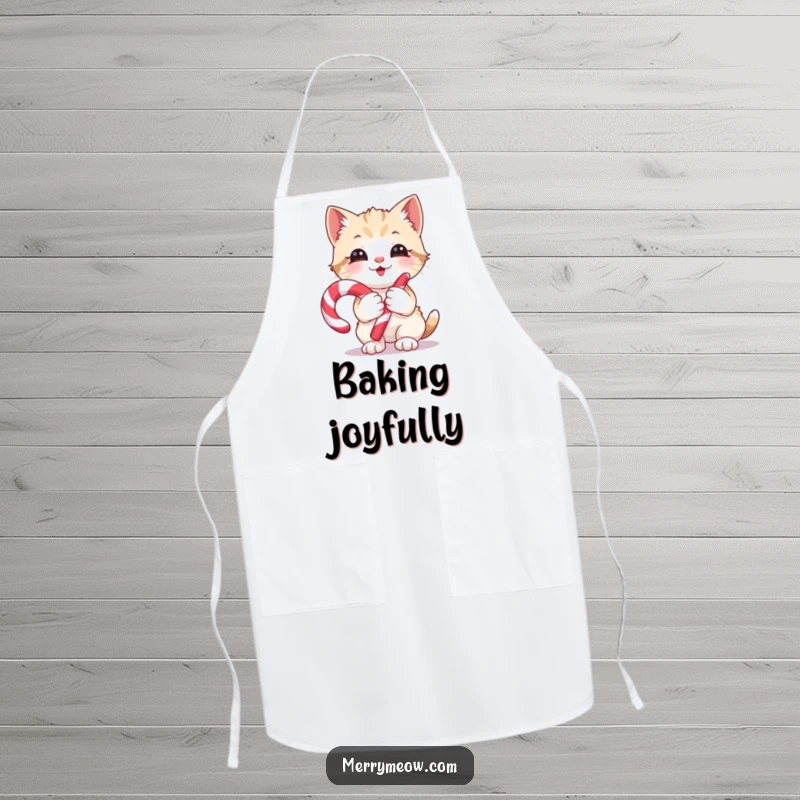 Funny Apron: A cute kitten holding a candy cane with glee, perfect for kitchen fun and holiday baking, a funny gift.