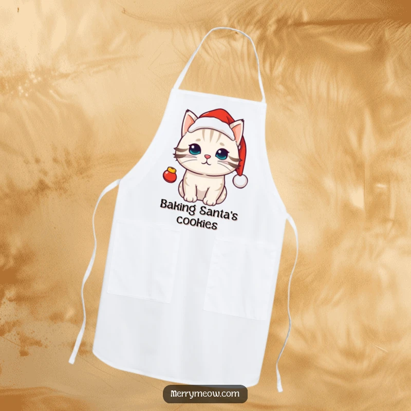 Funny kawaii cat in a Santa hat with jingle bells, a festive and amusing apron for holiday cooking.