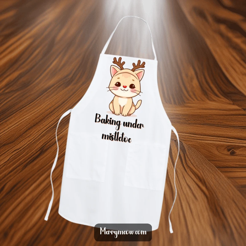 Funny reindeer cat apron showing a cat in a reindeer costume, ready to assist in the kitchen with holiday cheer.