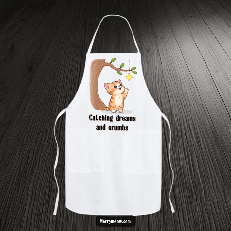 Funny apron featuring a cute tabby kitten leaping towards a sparkling star on a tree, perfect for baking and cooking with joy.