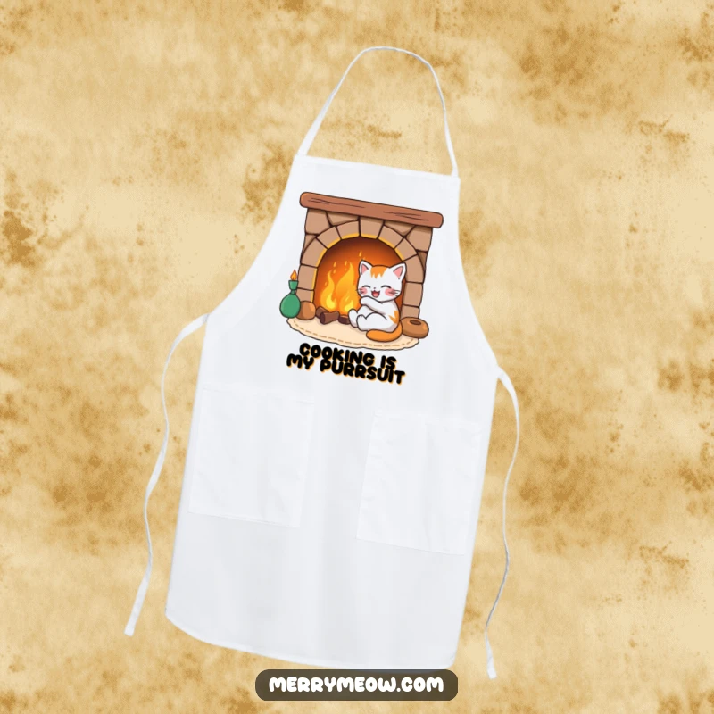 Funny apron graphic of a joyful cat character relaxing by a warm fireplace, ideal for kitchen use and adding humor to cooking.