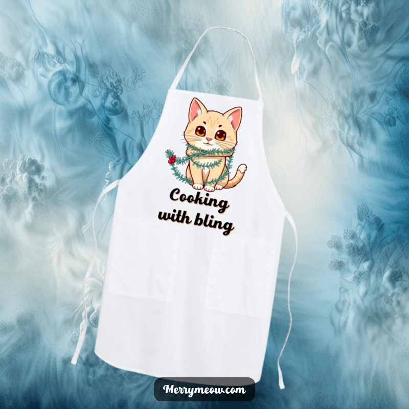 Funny apron featuring a cat character humorously tangled in festive tinsel, perfect for festive cooking and kitchen fun.