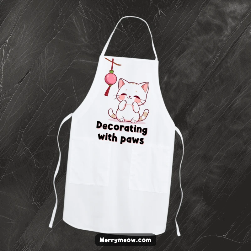 Funny apron featuring a cat character amusingly batting at a dangling Christmas ornament, ideal for kitchen fun and festive cooking.