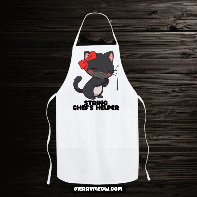 Funny Apron: A black cat with a red ribbon playfully bats at a dangling string, ready for hilarious kitchen fun.