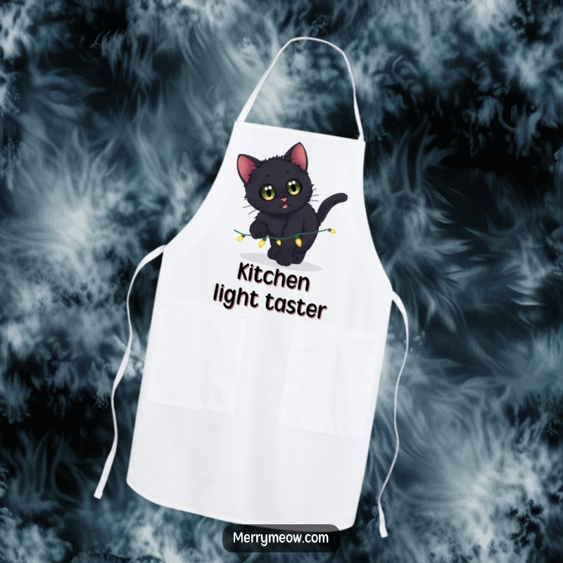 Funny apron with a black kitten playfully pouncing on a string of twinkling lights, ideal for chefs.
