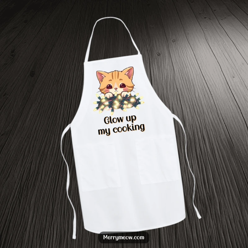 Funny apron featuring a cat peeking over glowing Christmas lights, perfect for holiday cooking and baking.