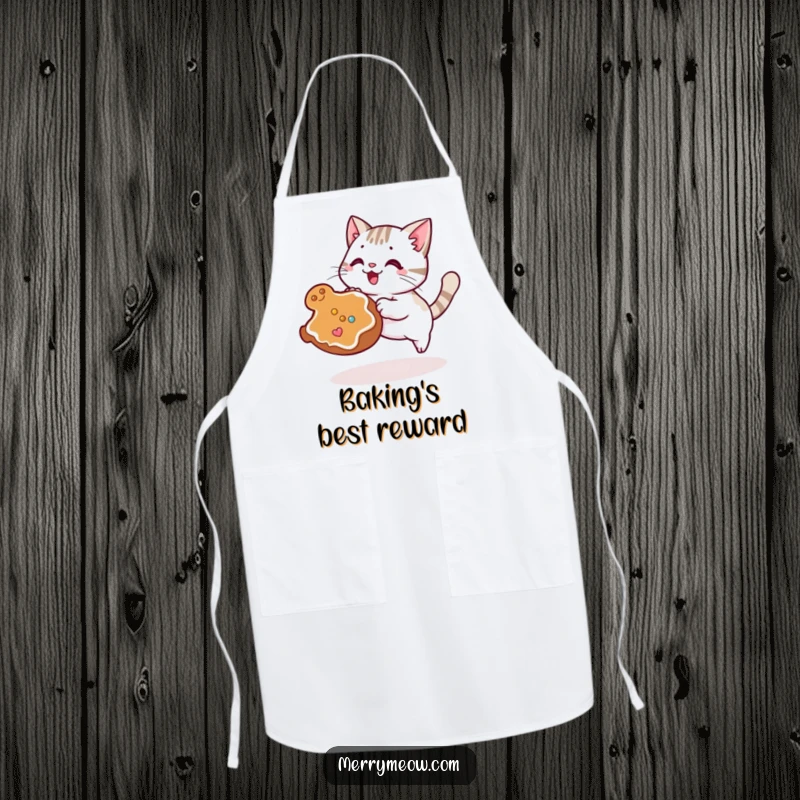 Funny Kawaii Cat Apron featuring a cute cat in a frantic pounce on a gingerbread cookie, suitable for cooking.
