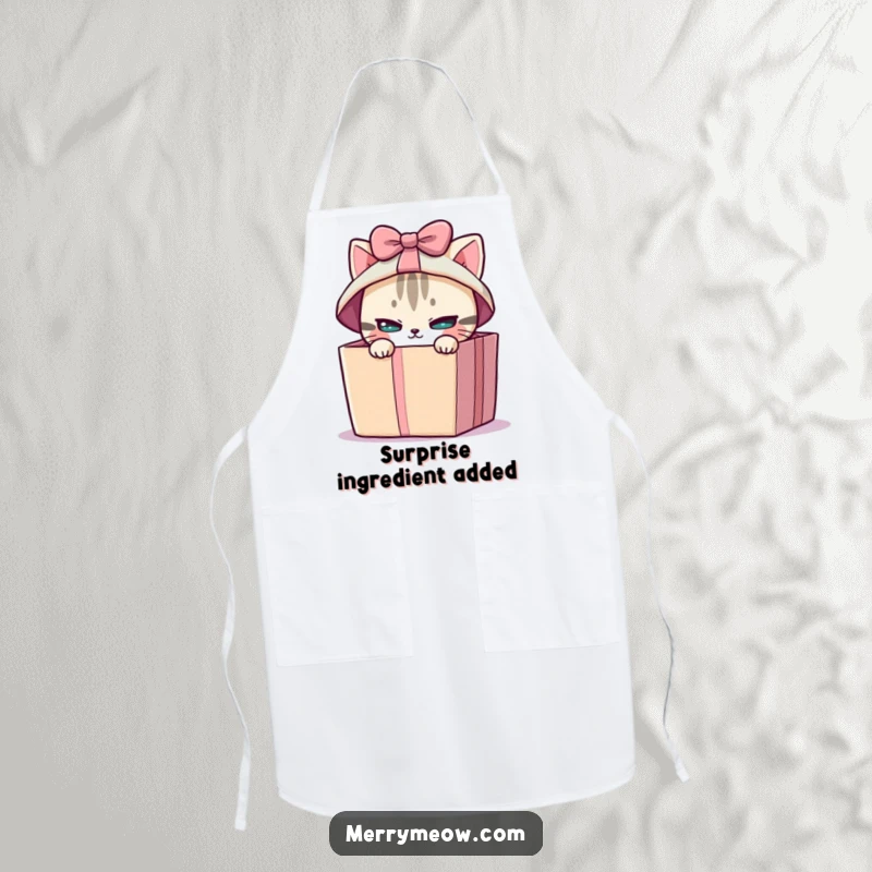 Funny apron showing a mischievous cat peeking from a brightly wrapped gift box, making kitchen tasks a fun surprise.