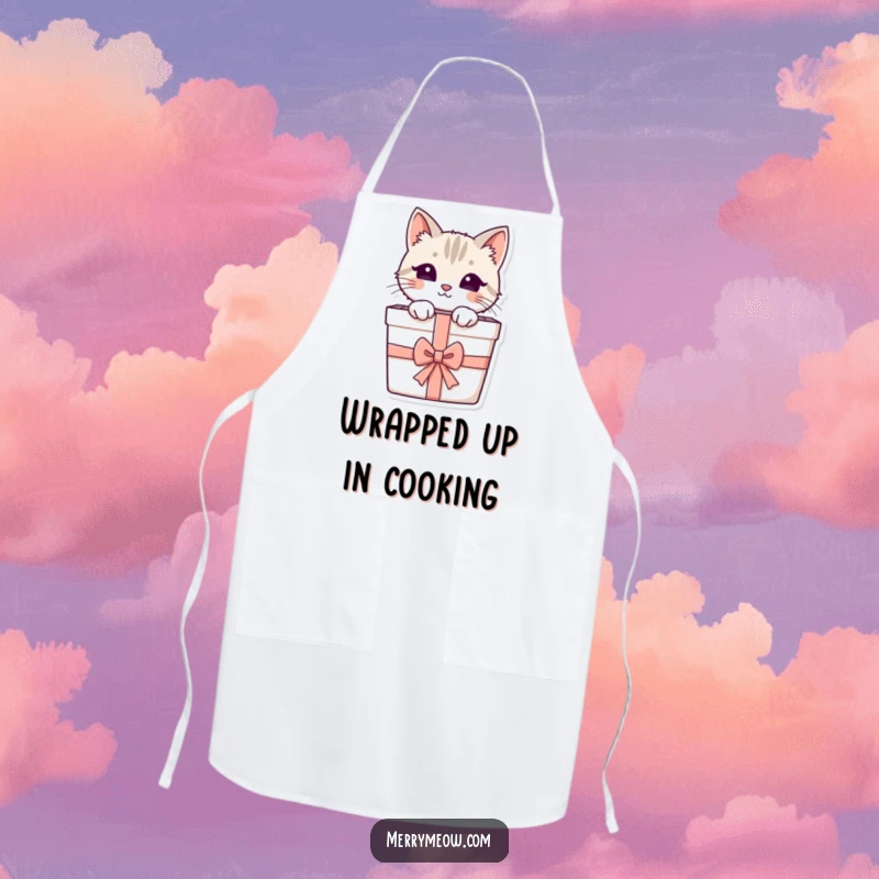 Funny apron design with a cute cat peeking out from a present, perfect for adding a touch of feline fun to cooking.