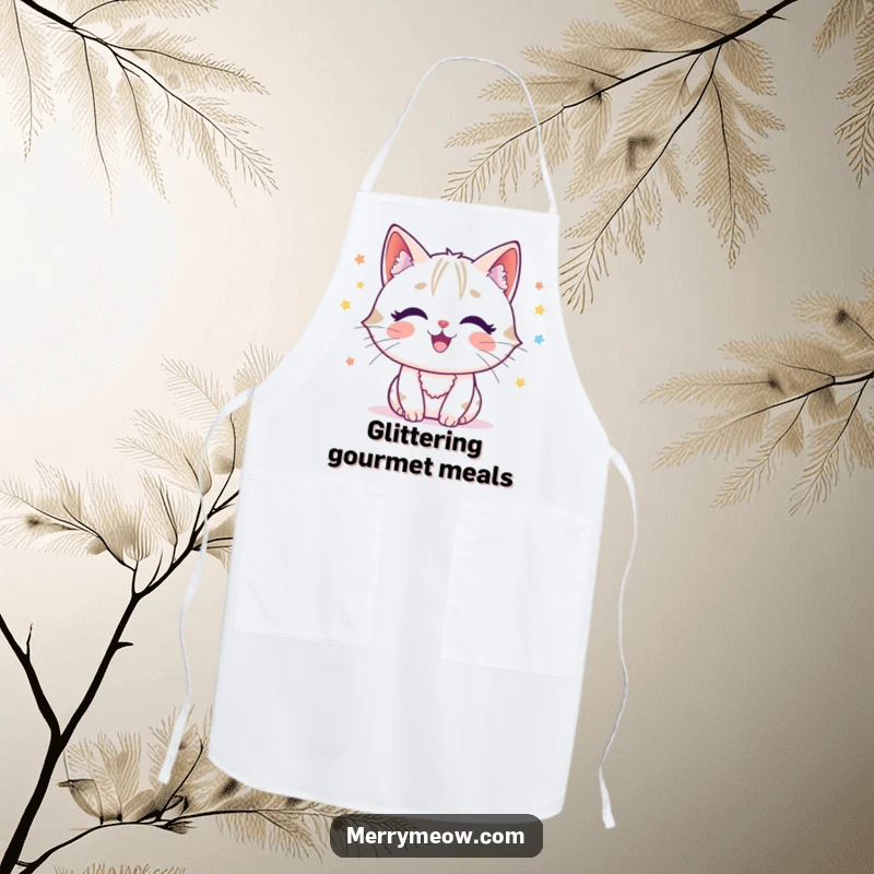 Funny cat character joyfully batting at tinsel, ready for holiday cooking on a practical apron.