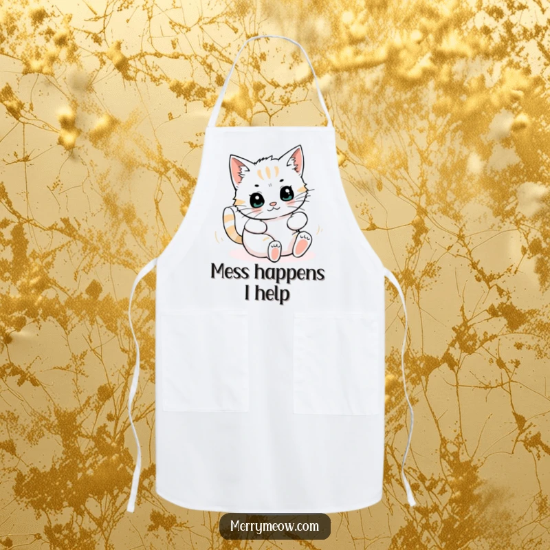 Funny apron illustrated with a cat character enthusiastically rolling in a pile of shredded wrapping paper, bringing joy to culinary adventures.