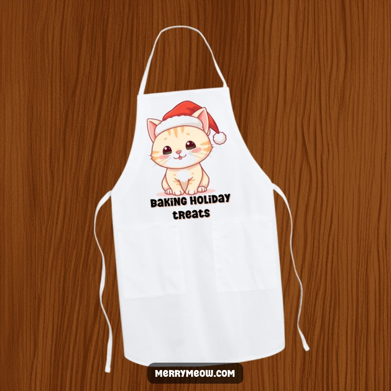 Funny apron with a cute Christmas cat wearing a Santa hat, perfect for holiday baking.
