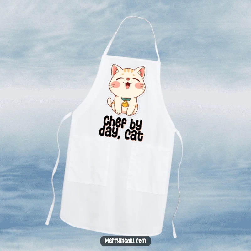 Funny content cat apron depicting a purring cat in a chef's hat, ready to cook with hilarious feline enthusiasm and a bell collar.