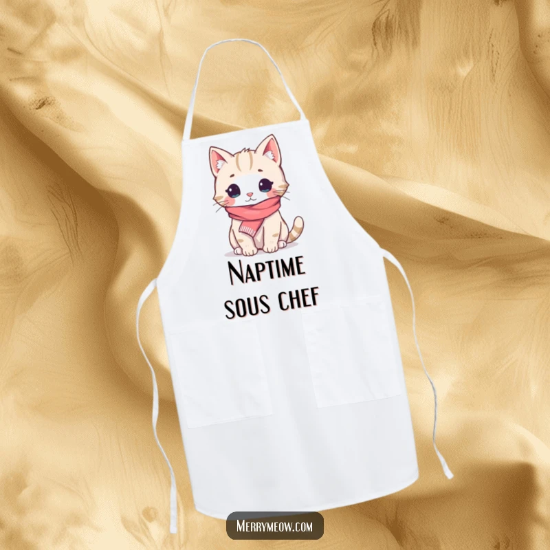 Funny Apron: A cute cat wearing a tiny scarf, looking cozy while protecting from kitchen messes, great funny gift.