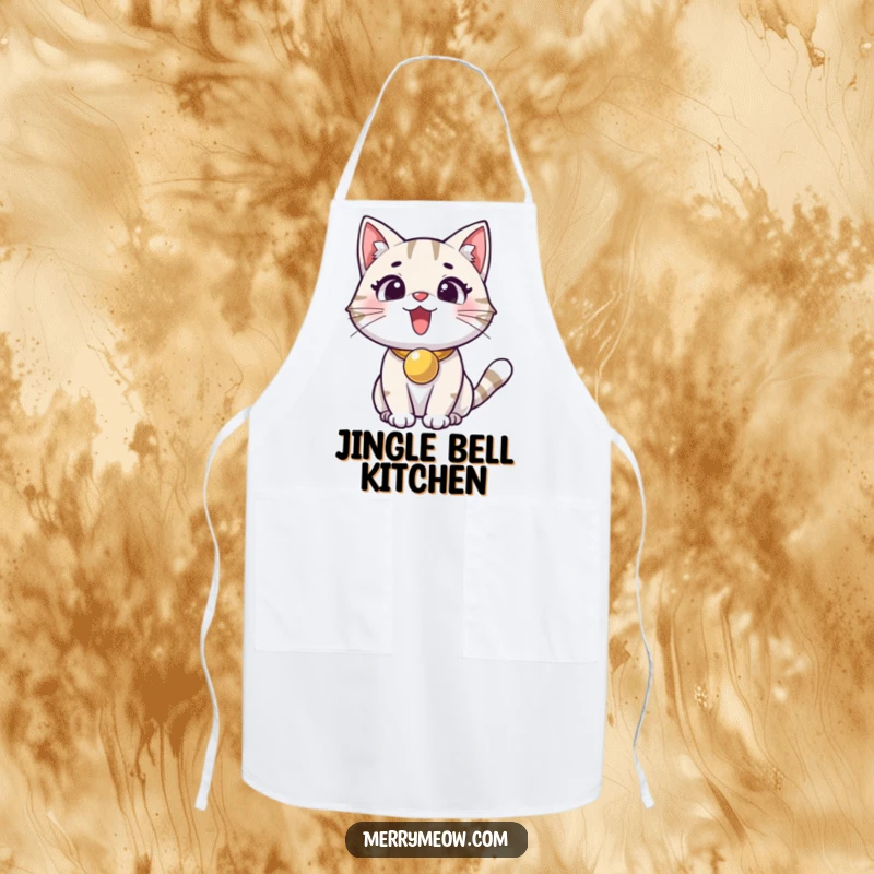Funny apron showing an excited cat with a jingle bell collar, adding a touch of feline joy to the kitchen.