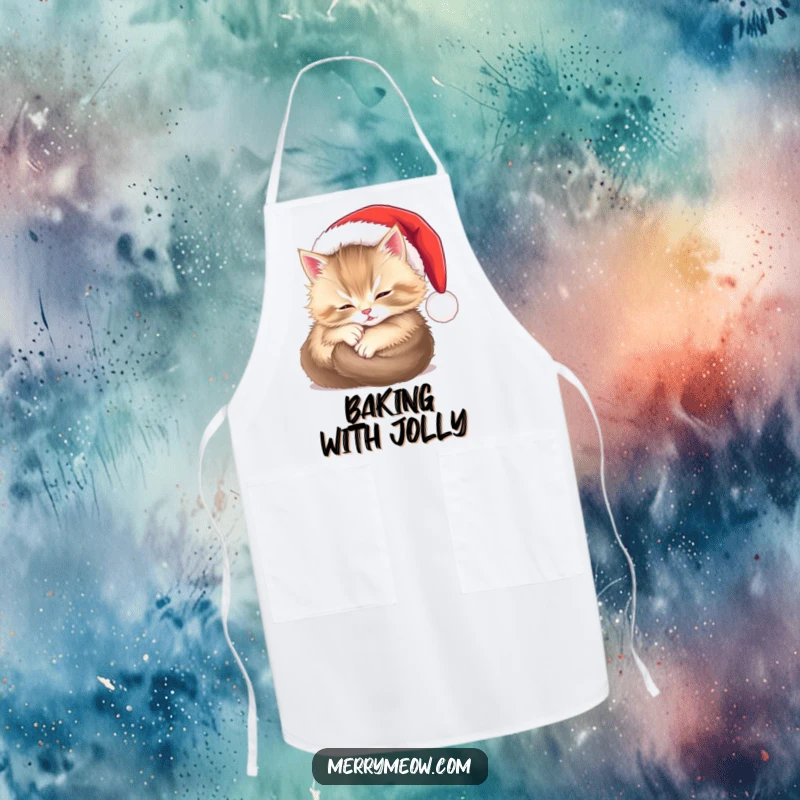 Funny apron featuring a fluffy kitten happily nestled in a miniature Santa hat, ideal for festive baking and cooking.