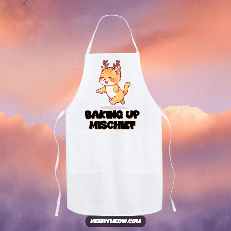 Funny apron with a ginger kitten wearing festive reindeer antlers, playfully chasing its tail while cooking.