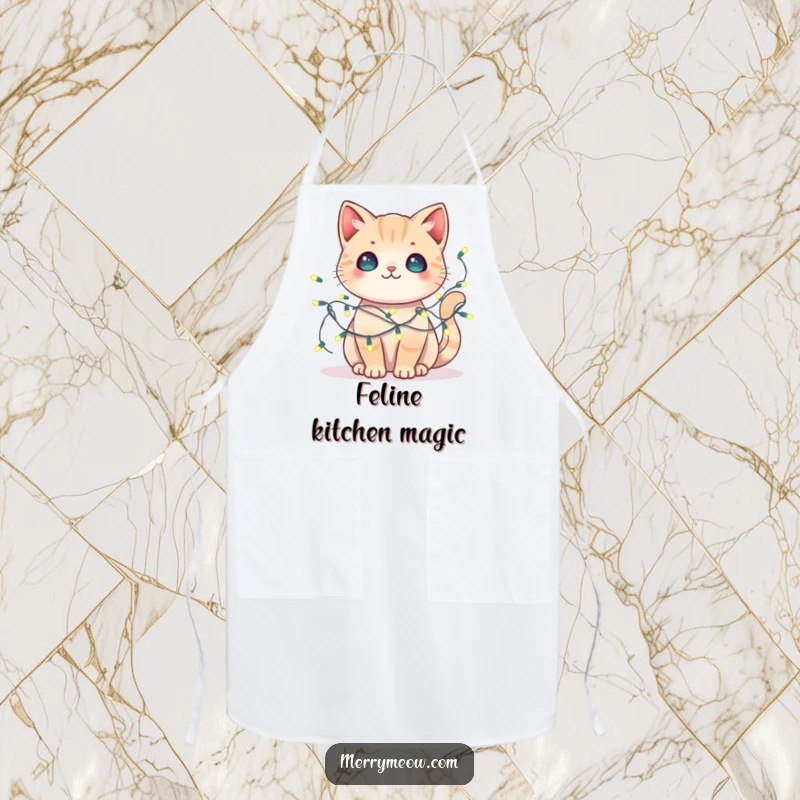 Funny kawaii cat apron showing a cat tangled in fairy lights, ideal for a fun and festive cooking experience.