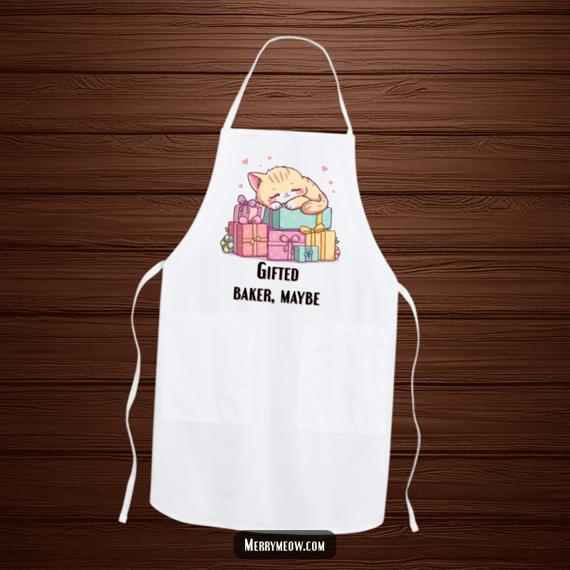Funny kawaii cat napping on a pile of presents, a cute and practical apron for the kitchen.
