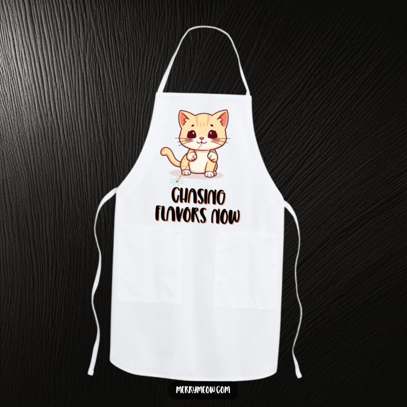 Funny kawaii cat chasing a laser pointer dot on a snowflake, a fun and practical apron.