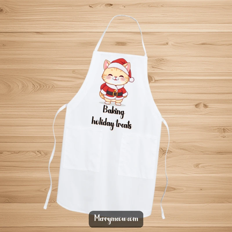 Funny Kawaii Santa Cat Apron showing a cute cat in a Santa suit with a cheeky grin, perfect for cooking.