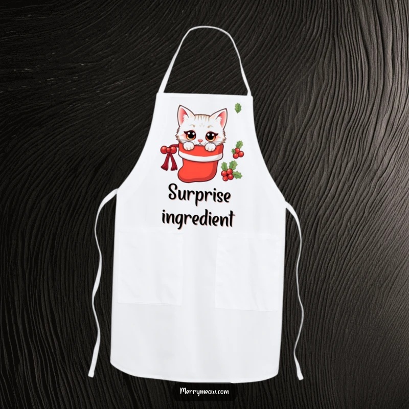 Funny kawaii cat peeking from a Christmas stocking, a fun and practical apron.