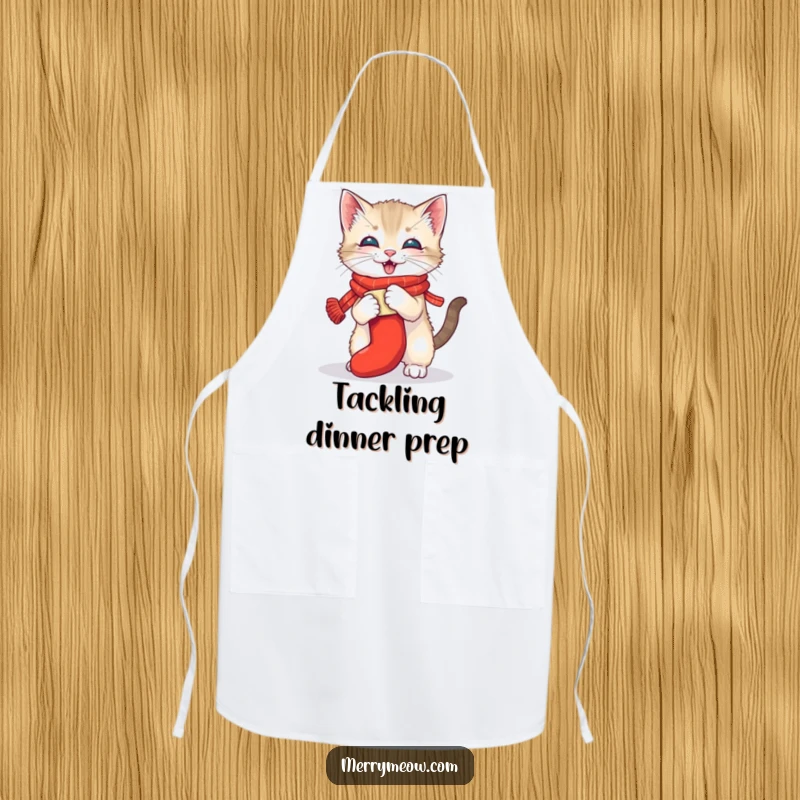 Funny chef apron with a playful kitten wearing a scarf wrestling a stocking, perfect for holiday kitchen fun and adding a humorous touch, a gift.