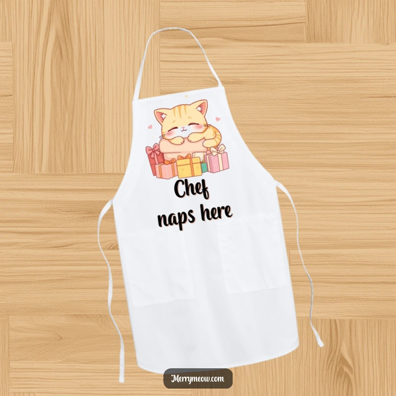 Funny apron featuring a cat character happily napping on a pile of gifts, perfect for cozy kitchen activities.