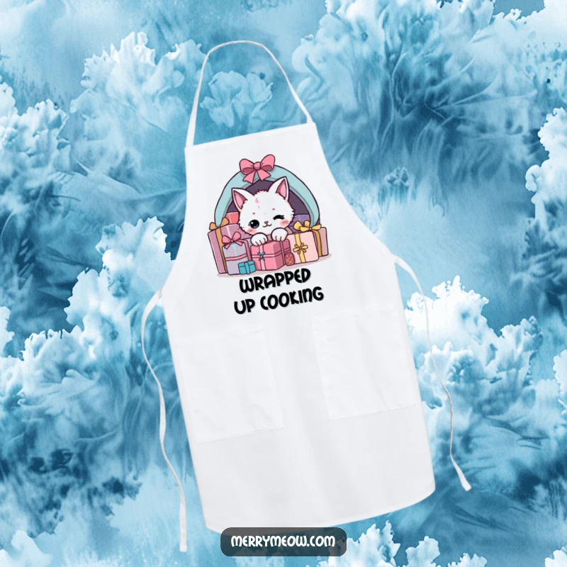 Funny present cat apron showing a mischievous cat hiding under a pile of gifts, ready to add fun to cooking.