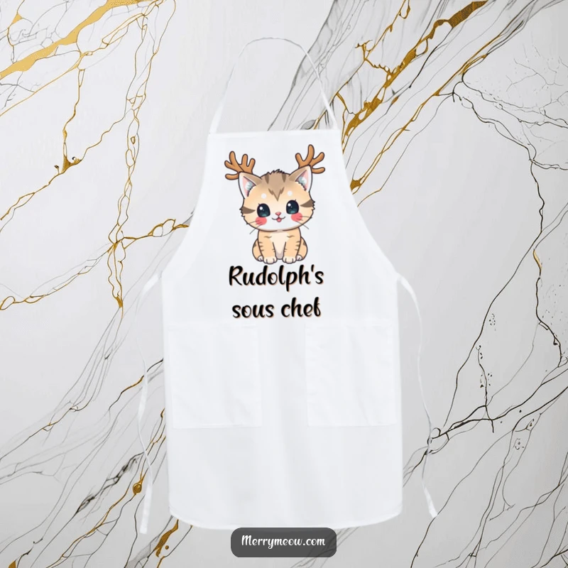Funny Apron: A mischievous cat wearing reindeer antlers looks playfully at the viewer, ready for hilarious holiday baking.