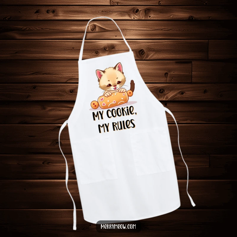 Funny apron showcasing an excited Siamese kitten playing with a rolling gingerbread cookie, perfect for holiday baking.