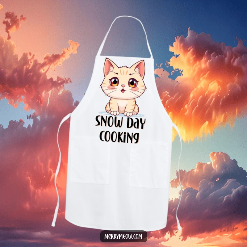 Funny apron featuring a cat character with wide, excited eyes watching snow fall, perfect for cozy winter cooking.