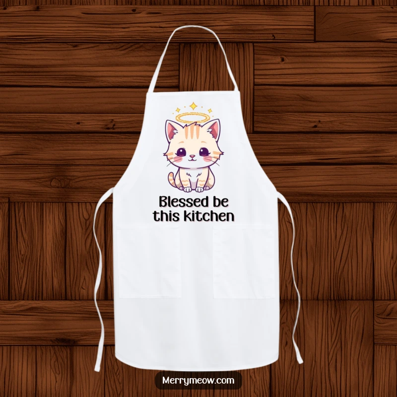 Funny apron design with a divine cat wearing a festive tinsel halo, perfect for adding heavenly fun to cooking.