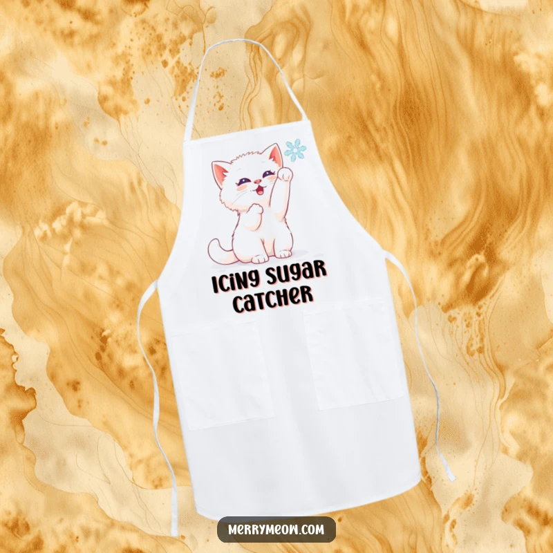 Funny apron with a white kitten batting at a snowflake, perfect for winter baking and kitchen fun.