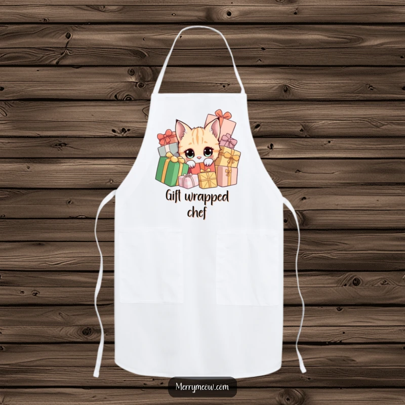 Funny apron of a curious cat peeking from holiday presents, for festive kitchen fun.