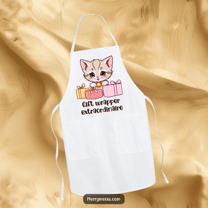 Funny apron with a naughty kitten peeking from behind presents, great for cooking and baking enthusiasts.