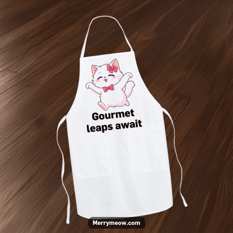 Funny white cat apron depicting a fluffy cat in a festive bow, performing a graceful leap, adding elegant humor to kitchen tasks.