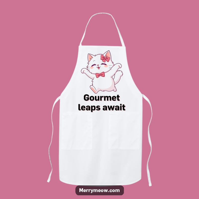 Funny White Cat Leap Apron: Graceful Chef Cat, Hilarious Kitchen Humorous Gift
