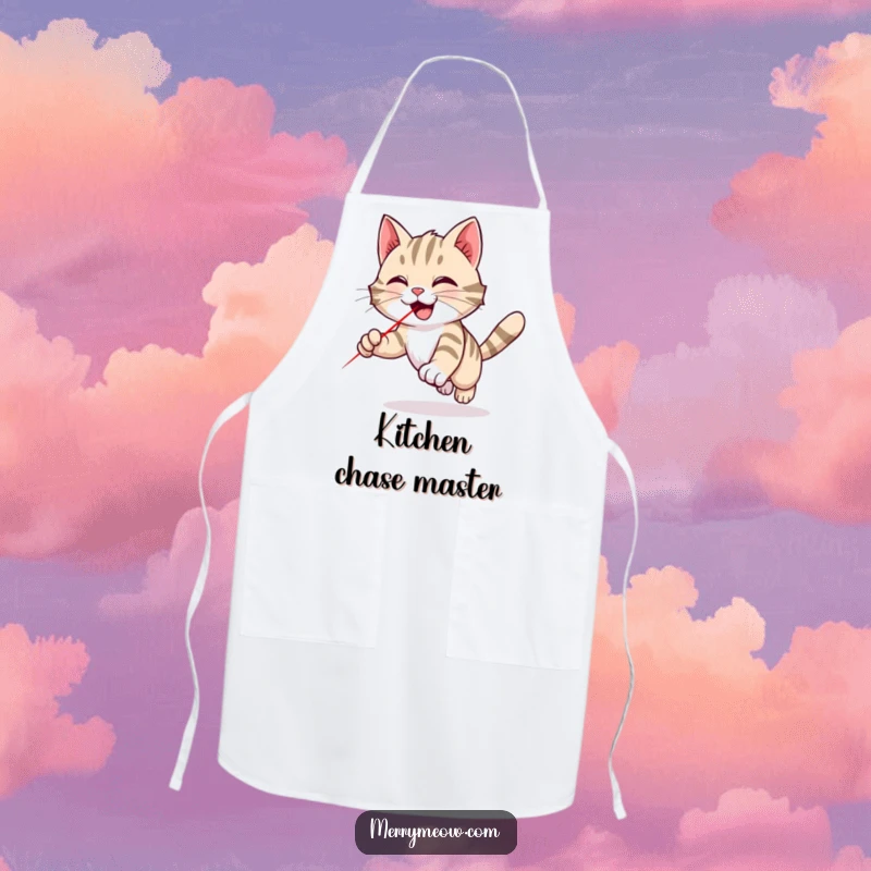 Funny tabby cat apron showing a cat energetically chasing a red laser dot, adding playful humor to kitchen duties with a chef's flair.