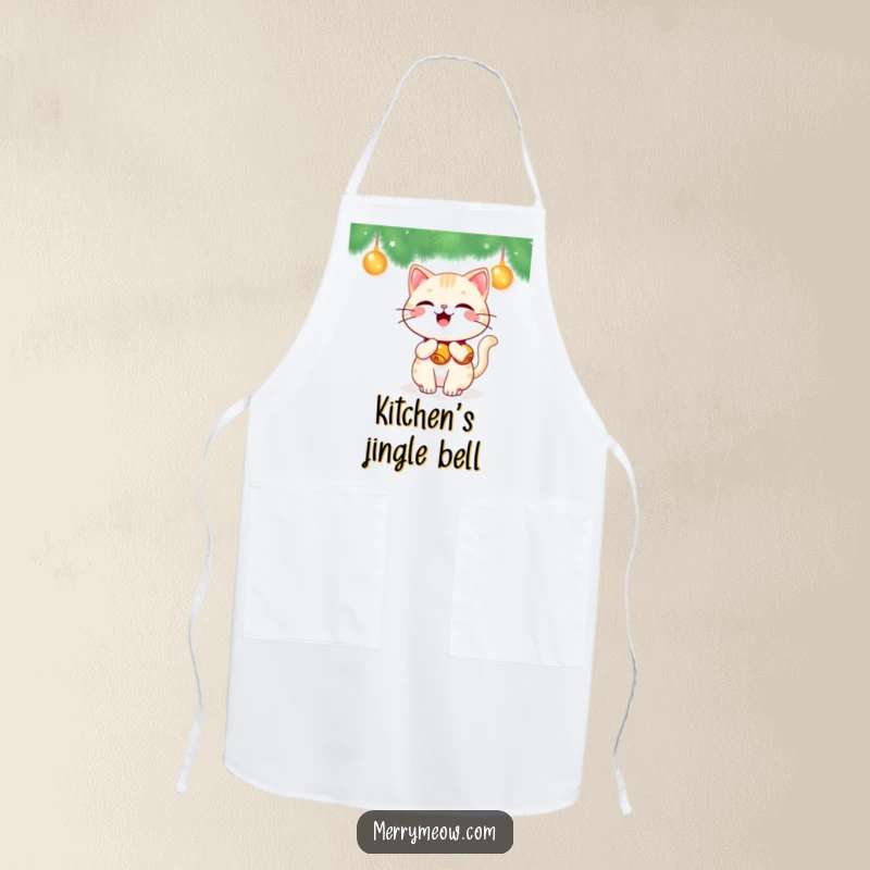 Funny Kawaii Cat Apron showing a cute cat with jingle bells on its tail, wagging happily, suitable for cooking.