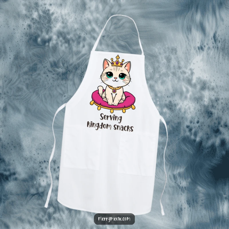 Funny Apron: A regal cat wearing a small crown sits gracefully on a velvet cushion, ready to oversee hilarious kitchen duties.