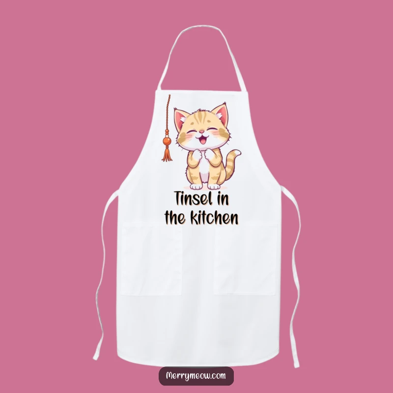 Funny Kitten Tinsel Apron - Playful Holiday Kitchen Wear for Festive Cooks