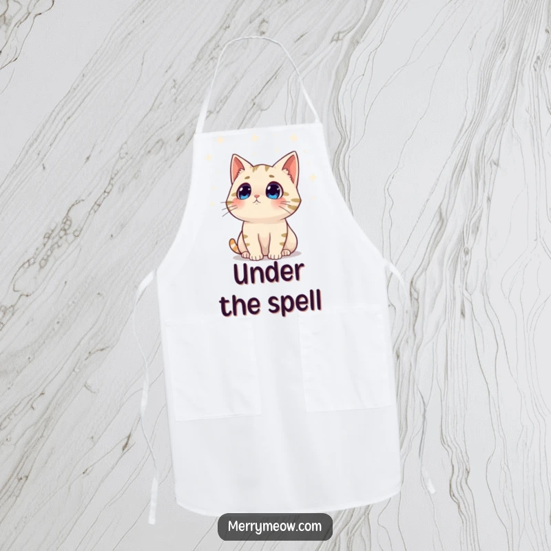 Funny apron graphic of a surprised cat character gazing at twinkling lights, ideal for holiday baking and kitchen humor.