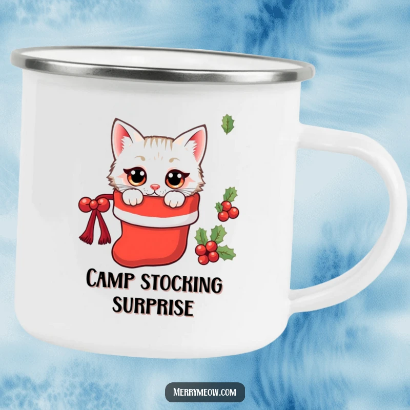Funny kawaii cat peeking from a Christmas stocking, a rugged and amusing camping mug.