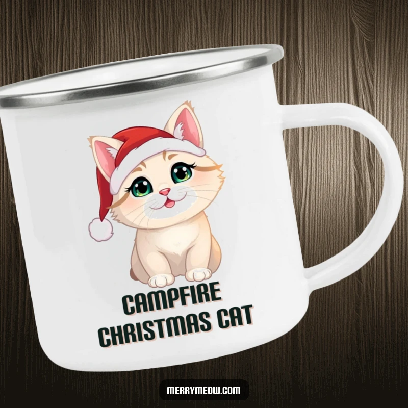 Funny Christmas cat in a Santa hat on a durable camping mug for festive outdoor enthusiasts.