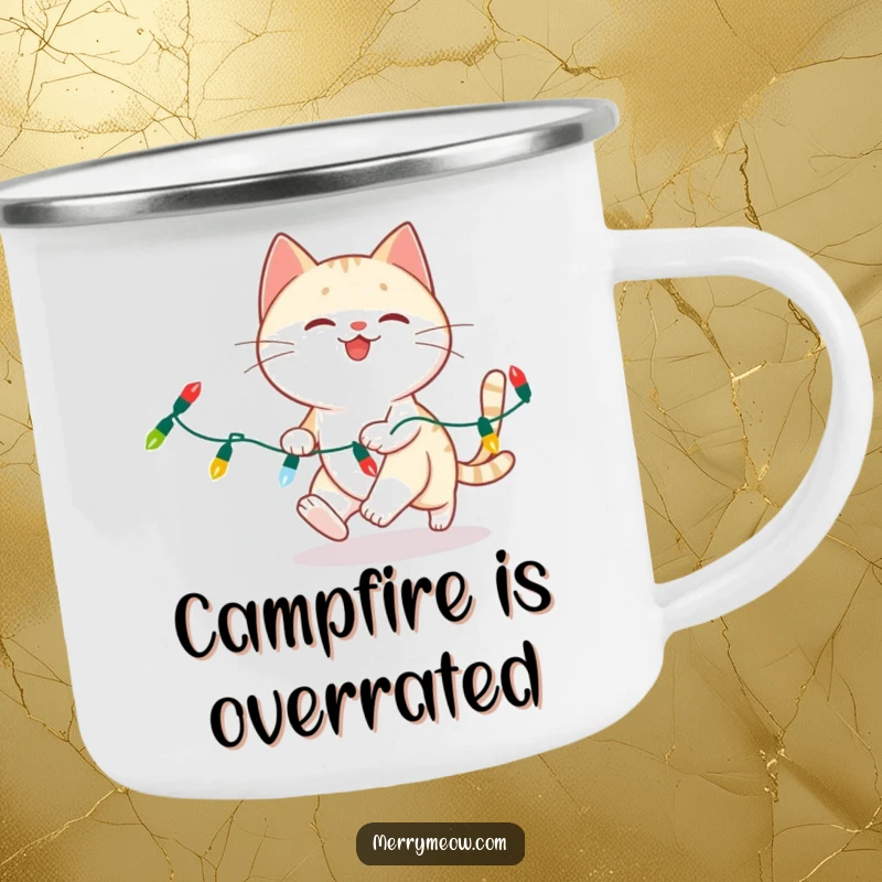 Funny cat tangled in Christmas lights on a durable camping mug, for outdoor holiday laughs.