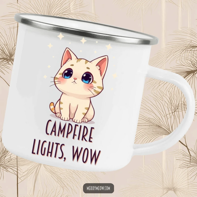 Funny camping mug illustration of a surprised cat character looking at twinkling lights, ideal for holiday outdoor use and humor.