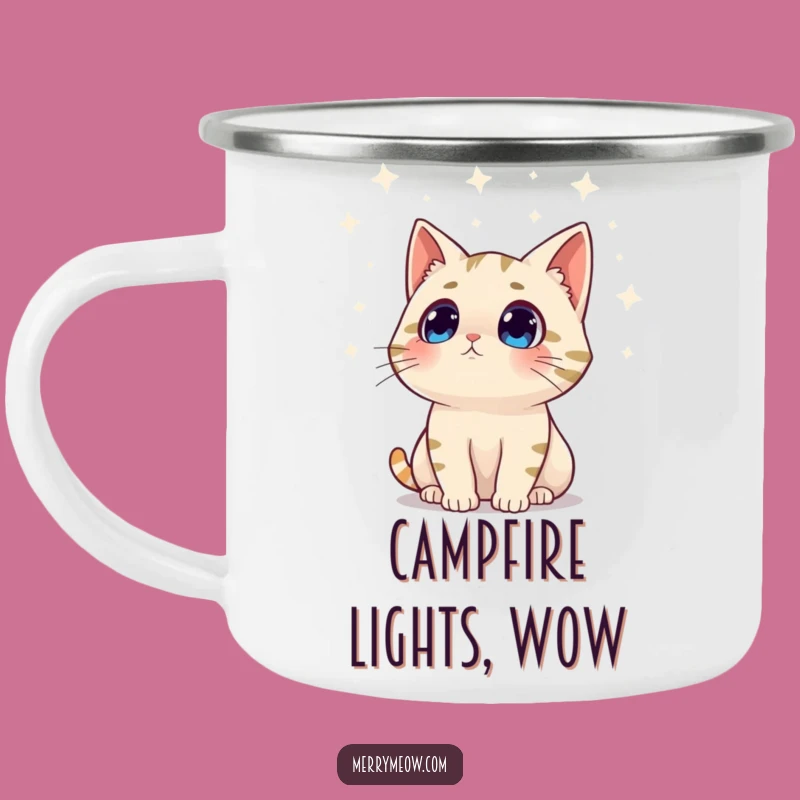 Funny Surprised Cat Twinkling Lights Camping Mug, Hilarious Holiday Outdoor Gift